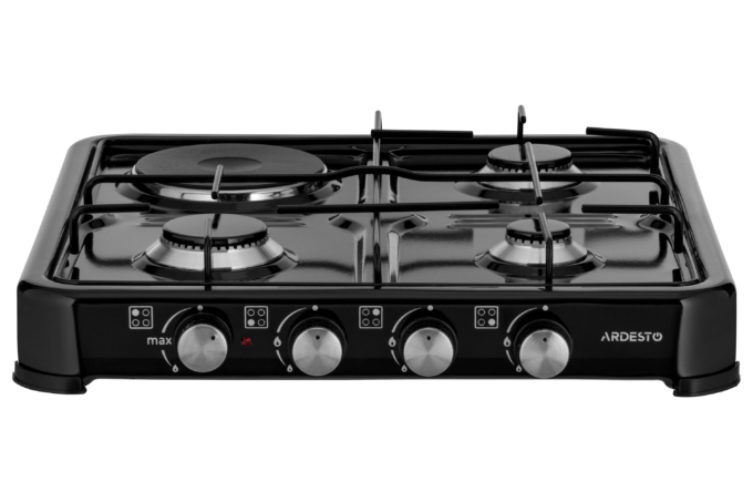 ARDESTO combi cooktop CTC-NS5015B, gas type LPG, 3 alum. gas burners, 1 electric heating plate, enamel body, painted grid, color: black