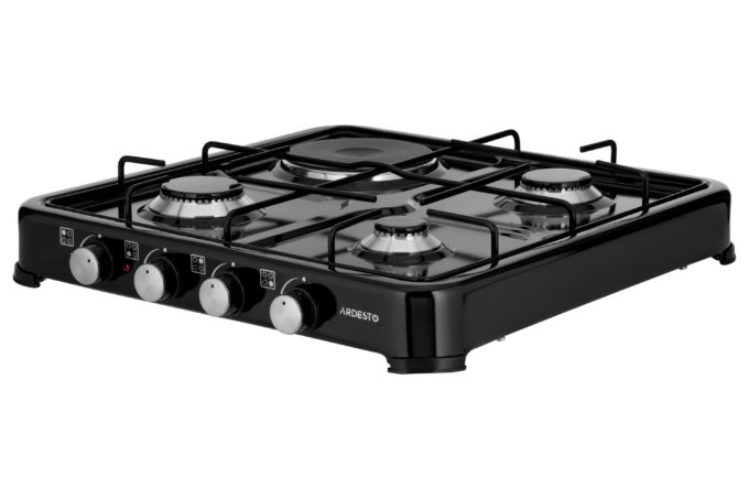 ARDESTO combi cooktop CTC-NS5015B, gas type LPG, 3 alum. gas burners, 1 electric heating plate, enamel body, painted grid, color: black