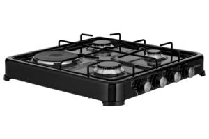 ARDESTO combi cooktop CTC-NS5015B, gas type LPG, 3 alum. gas burners, 1 electric heating plate, enamel body, painted grid, color: black