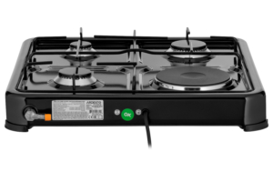 ARDESTO combi cooktop CTC-NS5015B, gas type LPG, 3 alum. gas burners, 1 electric heating plate, enamel body, painted grid, color: black