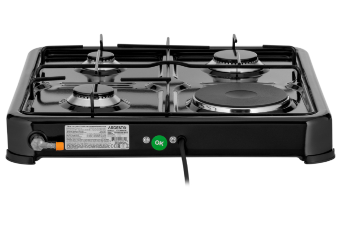 ARDESTO combi cooktop CTC-NS5015B, gas type LPG, 3 alum. gas burners, 1 electric heating plate, enamel body, painted grid, color: black