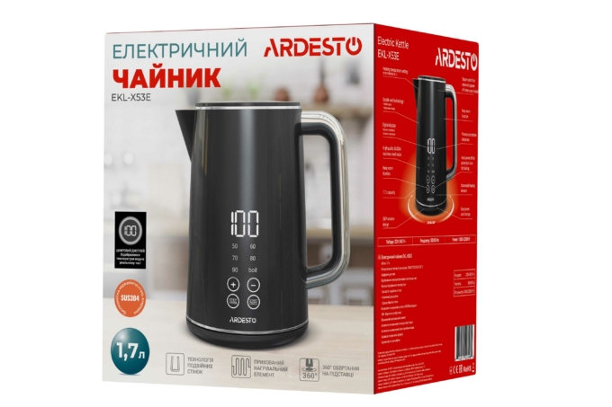 ARDESTO Электрочайник EKL-X53E/1.7 л/2200 Вт/двойные стенки/LED дисплей/Otter контроль/черный