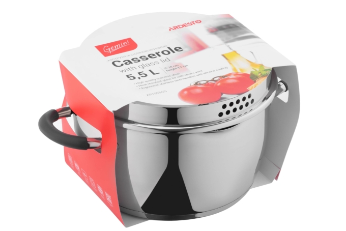 ARDESTO Casserole Gemini, glass lid, 5.5 l, stainless steel