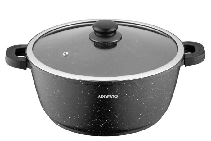 ARDESTO Casserole Gemini Anzio, glass lid, 28 cm, black marble, aluminum