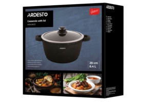 ARDESTO Casserole Gemini Anzio, glass lid, 28 cm, black marble, aluminum