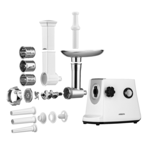 ARDESTO Meat grinder, 1600W, prod.-1.6kg/min, 3 cutting plates+for sausag.plates, 3 vegetable slicer, plastik, white-silver