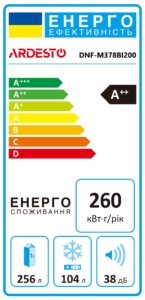 ARDESTO Холодильник с нижн. мороз., 201.8×59.5х66, холод.отд.-256л, мороз.отд.-104л, 2дв., A++, NF, диспл внешн., черный