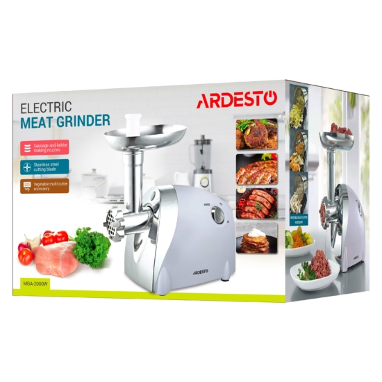 ARDESTO Meat grinder, 2000W, prod.-1.9kg/min, 3 cutting plates+for sausag.plates, 3 vegetable slicer, plastik, black-silver