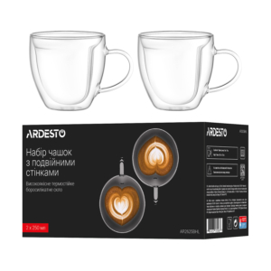 ARDESTO Double wall mug set with handle, 250ml, 2pcs, borosilicate glass, transparent