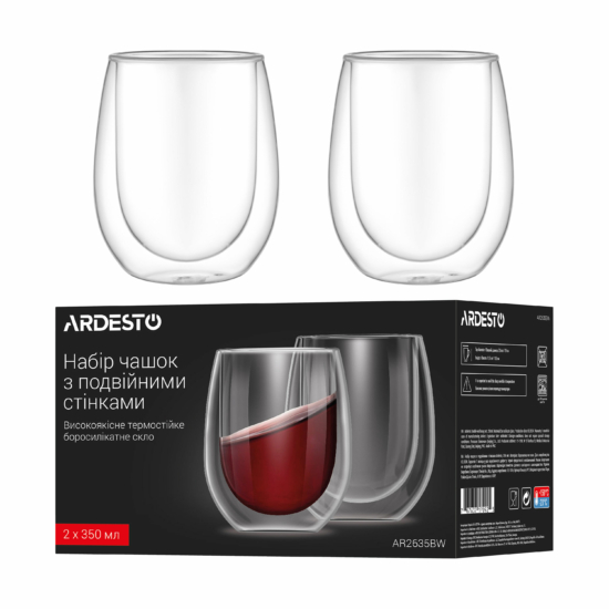 ARDESTO Double wall mug set, 350ml, 2pcs, borosilicate glass, transparent