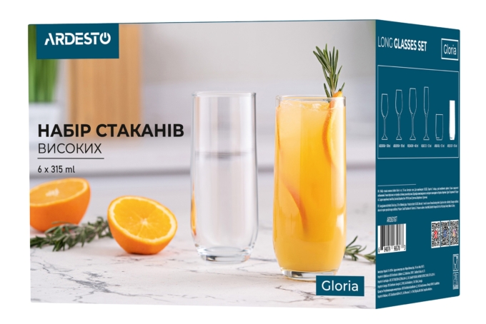 ARDESTO Long glasses set Gloria, 315ml, 6pcs, glass, transparent