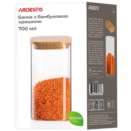 ARDESTO Jar Midori, 700ml, glass, bamboo, square, transparent