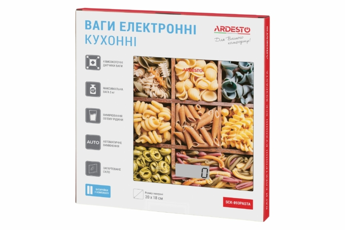 ARDESTO Весы кухонные Pasta, 5кг, AAAx2 в компл, стекло, многоцветный