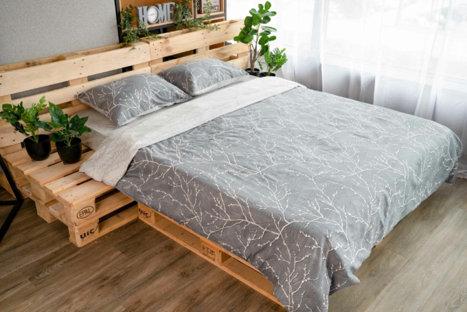 ARDESTO Bedding set 1.5 Gloria, sateen, duvet cover160x220cm, sheet 160x220cm, pillowcases (2) 50x70cm, 100% cotton, gray branch