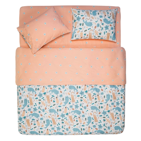 ARDESTO Bedding set 1.5 Gloria, sateen, duvet cover160x220cm, bed sheet 160x220cm, pillowcases (2) 50x70cm, 100% cotton, cats peach