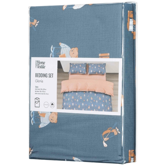 ARDESTO Bedding set 1.5 Gloria, sateen, duvet cover160x220cm, bed sheet 160x220cm, pillowcases (2) 50x70cm, 100% cotton, teddy bears blue