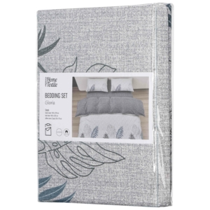 ARDESTO Bedding set 1.5 Gloria, sateen, duvet cover160x220cm, bed sheet 160x220cm, pillowcases (2) 50x70cm, 100% cotton, leaves gray