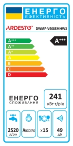 ARDESTO Посудомийна машина, 15компл., А+++, 60см, дисплей, 3й кошик, гігієн.обробка, білий