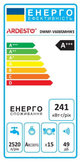 ARDESTO Посудомийна машина, 15компл., А+++, 60см, дисплей, 3й кошик, гігієн.обробка, білий