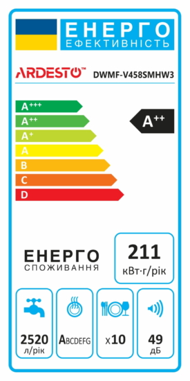 ARDESTO Посудомийна машина, 10компл., А++, 45см, дисплей, 3й кошик, гігієн.обробка, білий