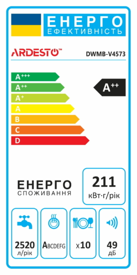 ARDESTO Посудомийна машина вбудовувана, 10компл., А++, 45см, 3й кошик, білий