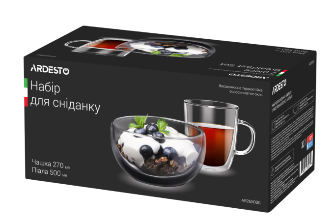 ARDESTO Набір для сніданку чашка і піала з подвійними стінками, 270мл, 500мл, боросилікатне скло, прозорий