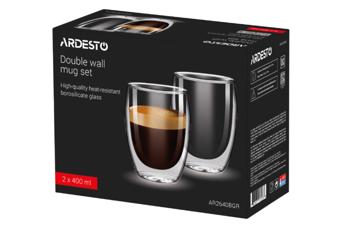 ARDESTO Cup set, double walled, 400 ml, H 13.5 cm, 2 pcs, borosilicate glass