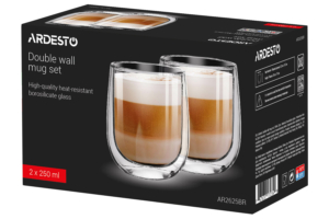 ARDESTO Double wall mug set, 250ml, 2pcs, borosilicate glass, transparent