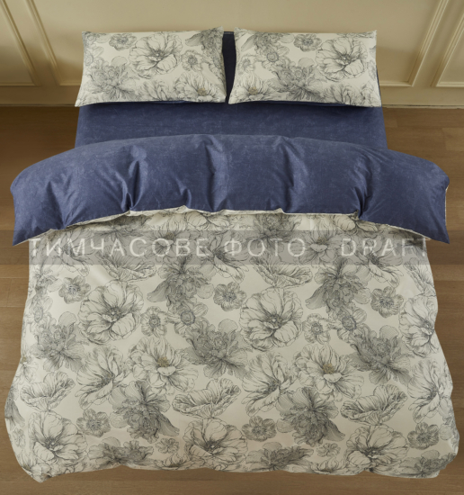 ARDESTO Bedding set 2.0 Gloria, sateen, peonies, dark blue, duvet cover 200x220cm, bed sheet 230x240cm, pillowcases (2) 50x70cm, 100% cotton