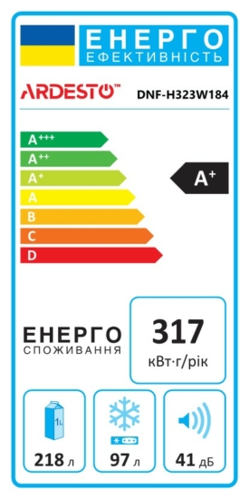 ARDESTO Ref with bottom freezer, 184×60х66.5, ref-218L, freez.-97L, 2doors, А+, NF, fresh zone, white