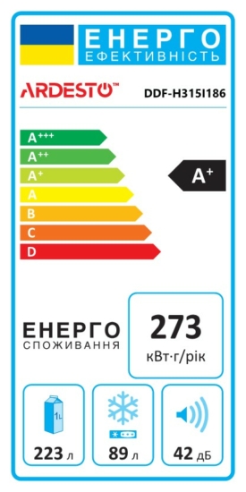 ARDESTO Ref with bottom freezer, 185×60х59.5, ref-223L, freez.-89L, 2doors, А+, ST, inox