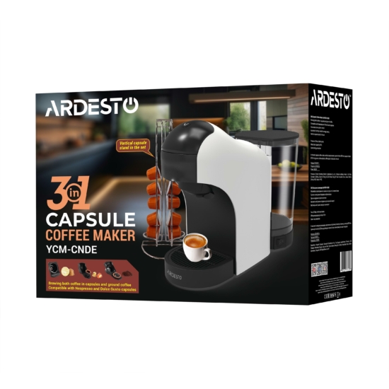 ARDESTO Кофеварка капсульная, 0.8л, капсулы Nespresso, Nescafe Dolce Gusto, молотый кофе, сенсорное управление, белый