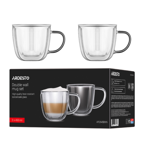 ARDESTO Double wall mug set with handles 350ml, 2pcs, borosilicate glass, transparent