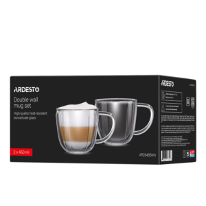 ARDESTO Double wall mug set with handles 350ml, 2pcs, borosilicate glass, transparent