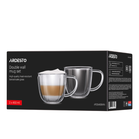 ARDESTO Double wall mug set with handles 350ml, 2pcs, borosilicate glass, transparent