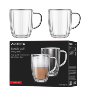 ARDESTO Double wall mug set with handles 450ml, 2pcs, borosilicate glass, transparent