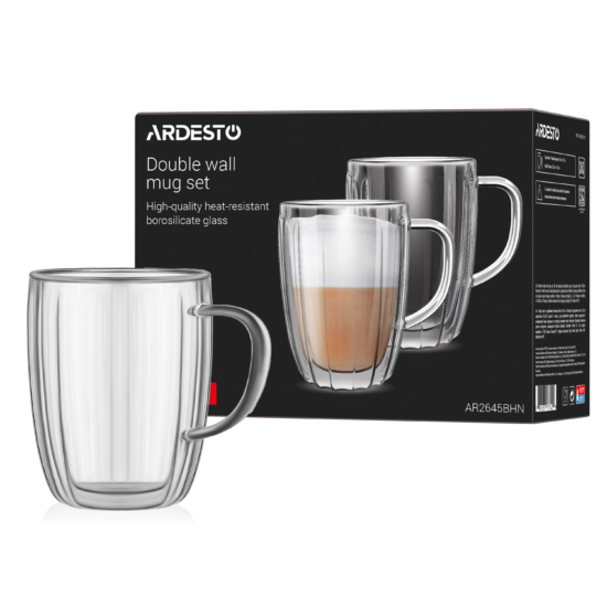 ARDESTO Double wall mug set with handles 450ml, 2pcs, borosilicate glass, transparent