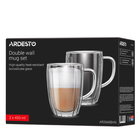 ARDESTO Double wall mug set with handles 450ml, 2pcs, borosilicate glass, transparent