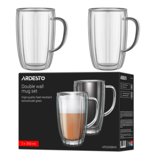 ARDESTO Double wall mug set with handles 350ml, 2pcs, borosilicate glass, transparent