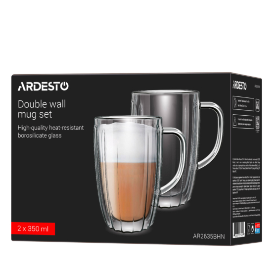 ARDESTO Double wall mug set with handles 350ml, 2pcs, borosilicate glass, transparent