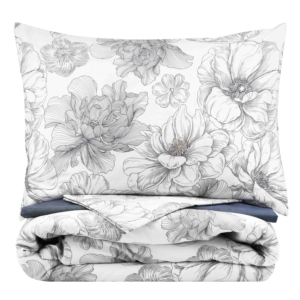 ARDESTO Bedding set 1.5  Gloria, sateen, peonies, dark blue, duvet cover160x220cm, bed sheet 160x220cm, pillowcases (2) 50x70cm, 100% cotton