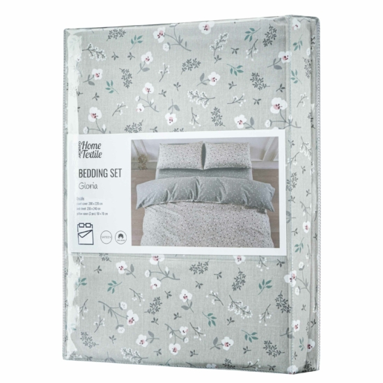 ARDESTO Bedding set 2.0 Gloria, sateen, small flowers, grey, duvet cover 200x220cm, bed sheet 230x240cm, pillowcases (2) 50x70cm, 100% cotton