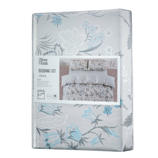 ARDESTO Bedding set 2.0 Gloria, sateen, wildflowers, light grey, duvet cover 200x220cm, bed sheet 230x240cm, pillowcases (2) 50x70cm, 100% cotton