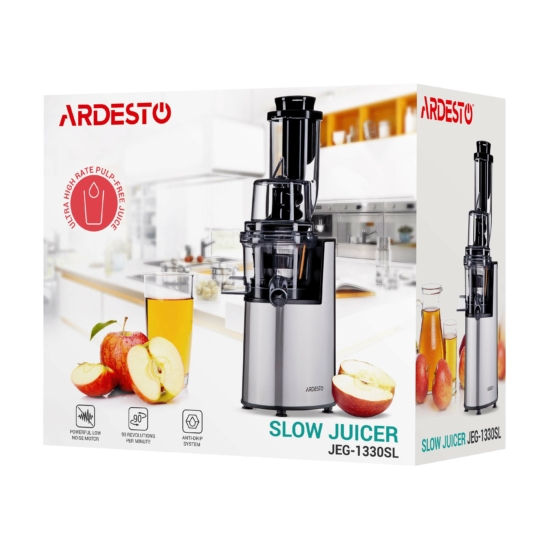 ARDESTO auger juicer, 200W, bowl-0.6L, cake-0.6L, plastic/iron, silver-black