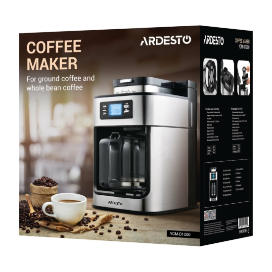 ARDESTO Coffe maker drip Steel Collection YCM-D1200, 1.2L, ground+beans, display, silver-black