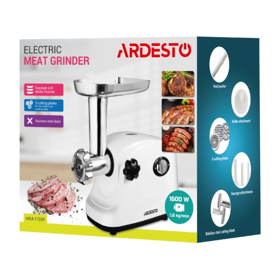 ARDESTO meat grinder, 1600W, 1.6kg/min, 3 cutting plates, sausages nozzle, plastik, white