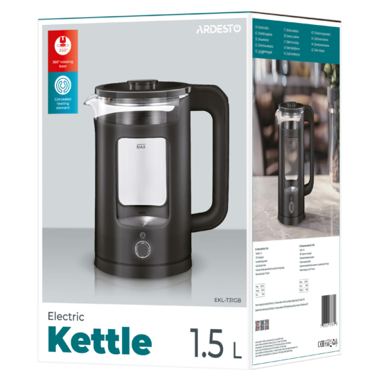 ARDESTO Electric Kettle 1.5L, glass+plastic, black