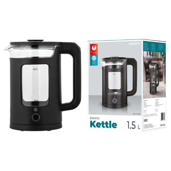 ARDESTO Electric Kettle 1.5L, glass+plastic, black
