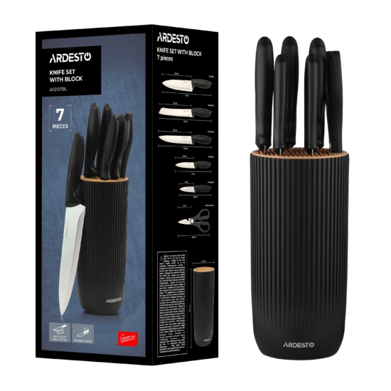 ARDESTO Knives Set with block Gemini, 7pcs, stainless steel, plastic, black