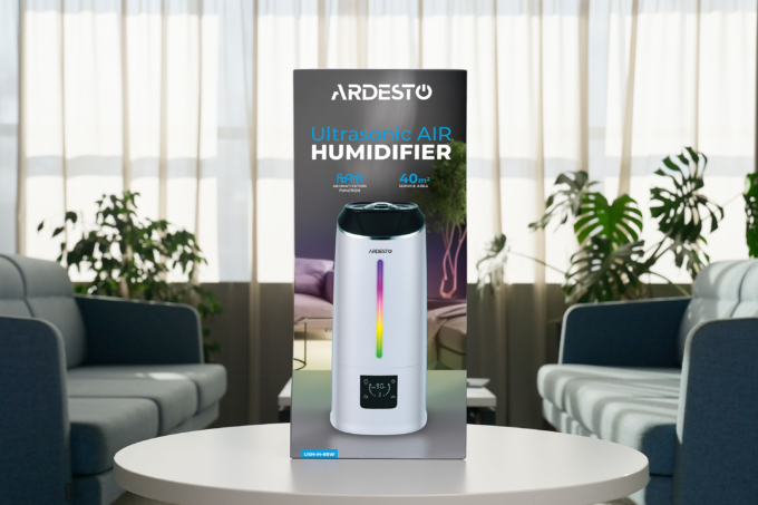 ARDESTO Увлажнитель воздуха ультразвуковой, 40м2, 6.5л, 390мл/ч, электр. управление, пульт ДУ, верх. залив воды, дисплей, белый